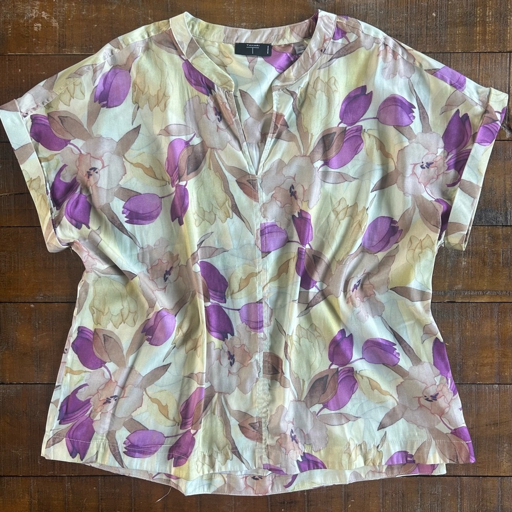 Tahari Blouse Womens Plus 1X Yellow Purple Floral Garden Bloomcore Cottagecore